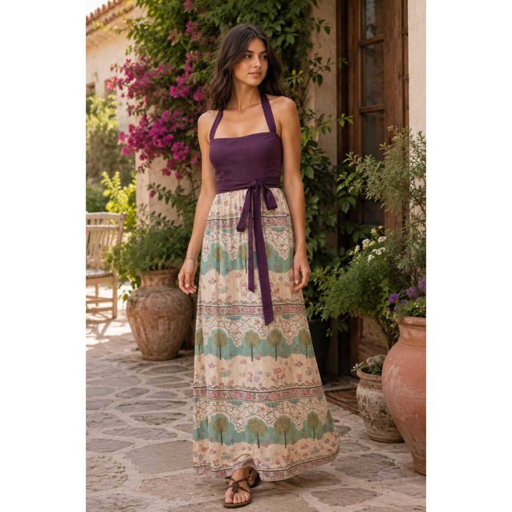 Anthropologie Maeve Purple Silk Blend Halter Maxi Dress Boho Floral Cottagecore